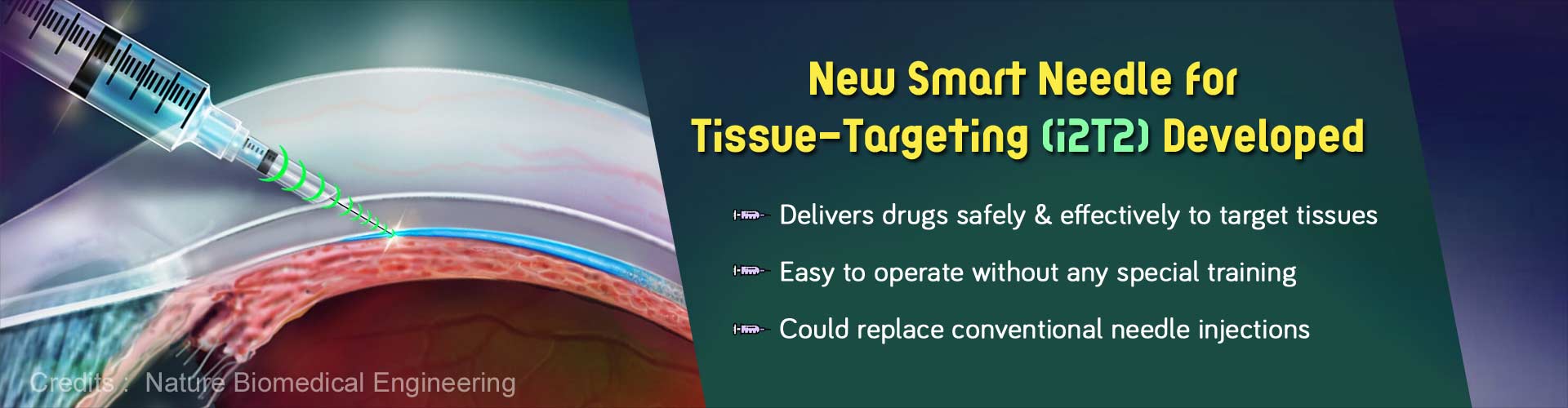 New smart needle invented for tissue-targeting (i2T2) developed. Delivers drugs safely and effectively to target tissues. Easy to operate without any special training. Could replace conventional needle injections.